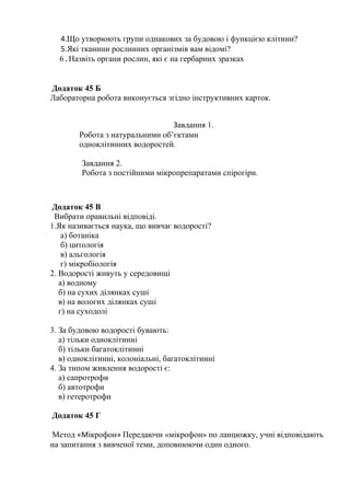 4.Що утворюють групи однакових за будовою і функцією клітини?
5.Які тканини рослинних організмів вам відомі?
6.Назвіть органи рослин, які є на гербарних зразках
Додаток 45 Б
Лабораторна робота виконується згідно інструктивних карток.
Завдання 1.
Робота з натуральними об’єктами
одноклітинних водоростей.
Завдання 2.
Робота з постійними мікропрепаратами спірогіри.
Додаток 45 В
Вибрати правильні відповіді.
1.Як називається наука, що вивчає водорості?
а) ботаніка
б) цитологія
в) альгологія
г) мікробіологія
2. Водорості живуть у середовищі
а) водному
б) на сухих ділянках суші
в) на вологих ділянках суші
г) на суходолі
3. За будовою водорості бувають:
а) тільки одноклітинні
б) тільки багатоклітинні
в) одноклітинні, колоніальні, багатоклітинні
4. За типом живлення водорості є:
а) сапротрофи
б) автотрофи
в) гетеротрофи
Додаток 45 Г
Метод «Мікрофон» Передаючи «мікрофон» по ланцюжку, учні відповідають
на запитання з вивченої теми, доповнюючи один одного.
 
