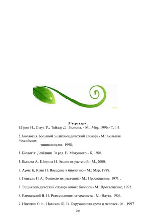 Література :
1.Грин Н., Стаут У., Тейлор Д Біологія. - М.: Мир, 1996.- Т. 1-3.
2. Биология. Большой энциклопедический словарь.- М.: Большая
Российская
энциклопедия, 1998.
3. Бiологiя: Довiдник За ред. В. Мотузного.- К, 1998.
4. Былова А., Шорина Н. Экология растений.- М., 2000.
5. Армс К, Кемп П. Введение в биологию.- М.: Мир, 1988.
6. Генкель П. А. Физиология растений.- М.: Просвещение, 1975. .
7. Энциклопедический словарь юного биолога.- М.: Просвещение, 1993.
8. Вернадский В. И. Размышления натуралиста.- М.: Наука, 1996.
9. Никитин О. п., Новиков Ю. В. Окружающая среда и человек.- М., 1997
206
 