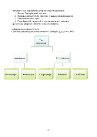 Підготуйте для відповідних сторінок інформацію про:
1. Будова бактеріальної клітини.
2. Поширення бактерій в природі, їх середовища існування.
3. Розмноження бактерій.
4. Роль бактерій у природі та значення в житті людини
Презентація сторінок «книги» та їх забарвлення.
Інформація для роботи груп
Особливості процесів життєдіяльності бактерій. ( Додаток 20Б)
Тип
живлення
Автотрофи Гетеротрофи
Фототрофи Хемотрофи Сапротрофи Паразити Симбіонти
67
 