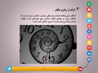 3.‫مکان‬ ‫و‬ ‫زمان‬ ‫از‬ ‫فراتر‬
‫اشکال‬‫سنتی‬‫اوقات‬‫فراغت‬‫وابستگی‬‫زیادی‬‫به‬‫مکان‬‫و‬‫زمان‬‫د‬،‫ارند‬‫اما‬
‫اشکال‬‫مدرن‬‫و‬‫مجازی‬‫اوقات‬‫فراغت‬‫نوع‬‫‌ای‬‌‫ه‬‫تجرب‬‫که‬‫از‬‫اوقات‬
‫فراغت‬‫ارائه‬‫‌دهند‬‌‫ی‬‫م‬‫همراه‬‫با‬‫نوعی‬‫خانگی‬‫شدن‬‫است‬.
10
 