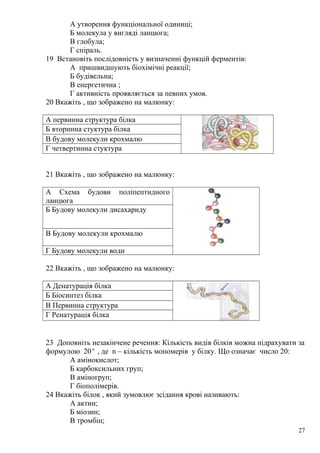 А утворення функціональної одиниці;
Б молекула у вигляді ланцюга;
В глобула;
Г спіраль.
19 Встановіть послідовність у визначенні функцій ферментів:
А пришвидшують біохімічні реакції;
Б будівельна;
В енергетична ;
Г активність проявляється за певних умов.
20 Вкажіть , що зображено на малюнку:
А первинна структура білка
Б вторинна стуктура білка
В будову молекули крохмалю
Г четвертинна стуктура
21 Вкажіть , що зображено на малюнку:
А Схема будови поліпептидного
ланцюга
Б Будову молекули дисахариду
В Будову молекули крохмалю
Г Будову молекули води
22 Вкажіть , що зображено на малюнку:
А Денатурація білка
Б Біосинтез білка
В Первинна структура
Г Ренатурація білка
23 Доповніть незакінчене речення: Кількість видів білків можна підрахувати за
формулою 20n
, де n – кількість мономерів у білку. Що означає число 20:
А амінокислот;
Б карбоксильних груп;
В аміногруп;
Г біополімерів.
24 Вкажіть білок , який зумовлює зсідання крові називають:
А актин;
Б міозин;
В тромбін;
27
 