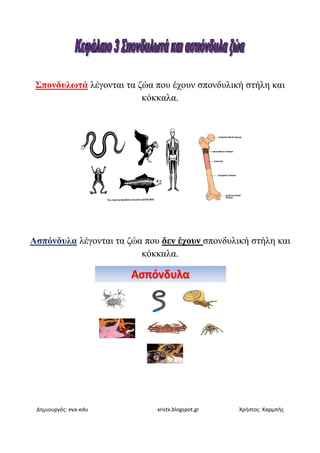 Δημιουργός: eva-edu xristx.blogspot.gr Χρήστος Χαρμπής
Σπονδυλωτά λέγονται τα ζώα που έχουν σπονδυλική στήλη και
κόκκαλα.
Ασπόνδυλα λέγονται τα ζώα που δεν έχουν σπονδυλική στήλη και
κόκκαλα.
 
