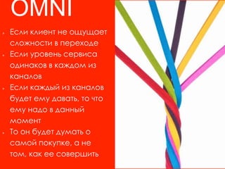 Если клиент не ощущает
сложности в переходе
Если уровень сервиса
одинаков в каждом из
каналов
Если каждый из каналов
будет ему давать, то что
ему надо в данный
момент
То он будет думать о
самой покупке, а не
том, как ее совершить
OMNI
 