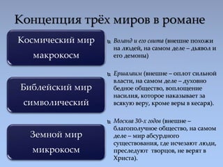Концепция трёх миров в романе
Космический мир
макрокосм
Библейский мир
символический
Земной мир
микрокосм
 Воланд и его с...