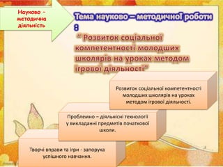 Науково –
методична
діяльність
Творчі вправи та ігри - запорука
успішного навчання.
Проблемно – діяльнісні технології
у викладанні предметів початкової
школи.
Розвиток соціальної компетентності
молодших школярів на уроках
методом ігрової діяльності.
 