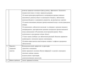 розвитку природно-заповідного фонду регіону, ефективного і безпечного
використання земель та інших природних ресурсів;
14) знання процедури розроблення та затвердження програм соціально-
економічного розвитку області та відповідного бюджету, забезпечення
виконання бюджету та програмних документів, що реалізуються в регіоні;
15) знання повноважень місцевих органів виконавчої влади з питань проведення
виборів;
16) спроможність забезпечити взаємодію та співпрацю з органами місцевого
самоврядування, територіальними органами центральних органів виконавчої
влади, громадськими об'єднаннями, волонтерськими рухами, бізнес-,
політичними та культурними елітами області;
17) інші знання, необхідні для забезпечення реалізації обласною державною
адміністрацією визначенихзаконом повноважень;
18) вміння користуватися комп'ютерною технікою та офісним програмним
забезпеченням.
3. Наявність
лідерських
навичок
Встановлення цілей, пріоритетів та орієнтирів;
стратегічне планування;
вміння працювати з великим обсягом інформації та здатність виконувати
одночасно декілька завдань;
ведення ділових переговорів;
досягнення кінцевих результатів.
4. Вміння приймати Аналіз державної політики;
 