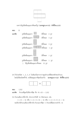 จงหาว่ามีรูปสี่เหลี่ยมมุมฉากที่หมดกี่รูป (มาตรฐาน ค 4.1) ตัวชี้วัด ม.1/1)
ตอบ 15
แนวคิด รูปสี่เหลี่ยมมุมฉาก มีทั้งหมด 6 รูป
รูปสี่เหลี่ยมมุมฉาก มีทั้งหมด 3 รูป
รูปสี่เหลี่ยมมุมฉาก มีทั้งหมด 3 รูป
รูปสี่เหลี่ยมมุมฉาก มีทั้งหมด 1 รูป
รูปสี่เหลี่ยมมุมฉาก มีทั้งหมด 1 รูป
รูปสี่เหลี่ยมมุมฉาก มีทั้งหมด 1 รูป
 ได้รูปสี่เหลี่ยมมุมฉากทั้งหมด 15 รูป
29. ถ้านาเลขโดด 1 , 2 , 3 , 4 ไปเติมลงในตารางการคูณจานวนที่มีสองหลักสองจานวน
โดยไม่ให้เลขโดดซ้ากัน จะได้ผลคูณมากที่สุดเป็นเท่าไร (มาตรฐาน ค 5.2) ตัวชี้วัด ม.3/1)
ตอบ 1,312
แนวคิด จานวนที่คูณกันได้มากที่สุด คือ 41 x 32 = 1,312
30. จานวนเต็มบวกที่ต่างกัน นามาบวกกันได้ 16 มีหลายแบบ เช่น
1 + 15 = 16 หรือ 1 + 2 + 3 + 10 = 16 หรือ 1 + 2 + 3 + 4 + 6 = 16
จะเห็นว่ามีจานวนเต็มบวกที่ต่างกัน จานวนมากที่สุด 5 จานวนที่มีผลบวกเท่ากับ 16
 