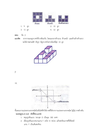 1. 9 ลูก 2. 10 ลูก
3. 11 ลูก 4. 12 ลูก
ตอบ ข้อ 2
แนวคิด จากการมองลูกบาศก์ที่วางซ้อนกัน โดยมองจากด้านบน ด้านหน้า และด้านข้างด้านขวา
จะได้ภาพสามมิติ ดังรูป มีลูกบาศก์อย่างน้อยที่สุด 10 ลูก
]’
14.
ขั้นตอนการแปลงทางเรขาคณิตในข้อใดที่ทาให้ภาพที่ได้จากการแปลงทางเรขาคณิต ไม่ใช่ ภาพข้างต้น
(มาตรฐาน ค 3.2) ตัวชี้วัด ม.2/4)
1. หมุนรูปต้นแบบ รอบจุด O เป็นมุม 180 องศา
2. เลื่อนรูปต้นแบบขนานแกน Y ลงไป 8 หน่วย แล้วสะท้อนภาพที่ได้โดยมี
แกน Y เป็นเส้นสะท้อน
 