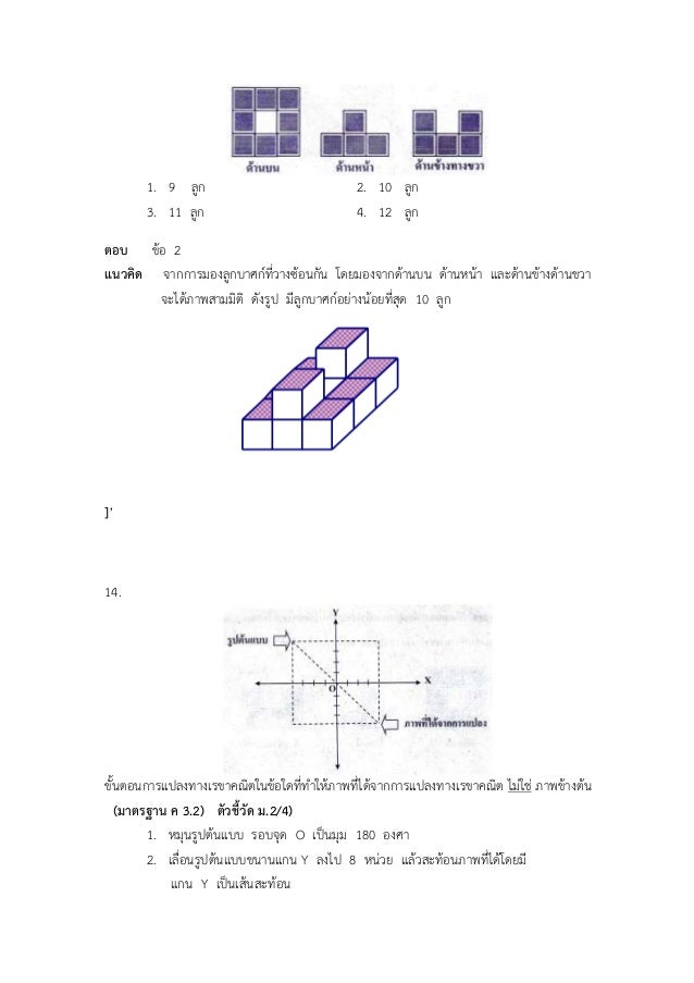 1. 9 ลูก 2. 10 ลูก
3. 11 ลูก 4. 12 ลูก
ตอบ ข้อ 2
แนวคิด จากการมองลูกบาศก์ที่วางซ้อนกัน โดยมองจากด้านบน ด้านหน้า และด้านข้า...