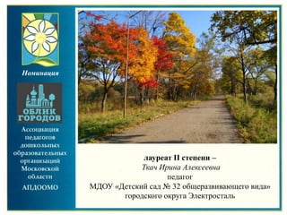 лауреат II степени –
Ткач Ирина Алексеевна
педагог
МДОУ «Детский сад № 32 общеразвивающего вида»
городского округа Электросталь
Номинация
 