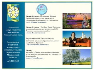 Номинация
«Мир, в котором
мы живём»
(экологическая тема)
Лауреат I степени – Мельникова Марина
Евгеньевна, музыкальный руководитель
Центра развития ребёнка №65 г.о. Электросталь
(песня «Красное солнышко»)
Лауреат II степени – Олейник Ольга Олеговна,
музыкальный руководитель детского сада № 79
Раменского муниципального района
( песня «Россия матушка»)
Лауреат III степени – Иванова Оксана
Сергеевна, музыкальный руководитель детского
сада № 10, г.о. Жуковский
( «Чувашская народная песня»)
Лауреат
Ансамбль «Родные просторы» детского сада
№ 3 «Светлячок» и детского сада № 4 «Малыш» г.о.
Красноармейск
(песня «Уголок России»)
 