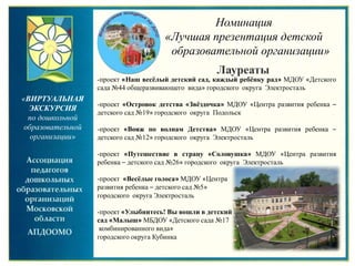 «ВИРТУАЛЬНАЯ
ЭКСКУРСИЯ
по дошкольной
образовательной
организации»
Номинация
«Лучшая презентация детской
образовательной организации»
Лауреаты
-проект «Наш весёлый детский сад, каждый ребёнку рад» МДОУ «Детского
сада №44 общеразвивающего вида» городского округа Электросталь
-проект «Островок детства «Звёздочка» МДОУ «Центра развития ребенка –
детского сад №19» городского округа Подольск
-проект «Вояж по волнам Детства» МДОУ «Центра развития ребенка –
детского сад №12» городского округа Электросталь
-проект «Путешествие в страну «Соловушка» МДОУ «Центра развития
ребенка – детского сад №26» городского округа Электросталь
-проект «Весёлые голоса» МДОУ «Центра
развития ребенка – детского сад №5»
городского округа Электросталь
-проект «Улыбнитесь! Вы вошли в детский
сад «Малыш» МБДОУ «Детского сада №17
комбинированного вида»
городского округа Кубинка
 