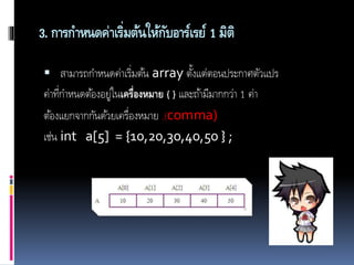 3. การกาหนดค่าเริ่มต้นให้กับอาร์เรย์ 1 มิติ
 สามารถกาหนดค่าเริ่มต้น array ตั้งแต่ตอนประกาศตัวแปร
ค่าที่กาหนดต้องอยู่ในเครื่องหมาย { } และถ้ามีมากกว่า 1 ค่า
ต้องแยกจากกันด้วยเครื่องหมาย ,(comma)
เช่น int a[5] = {10,20,30,40,50 } ;
 