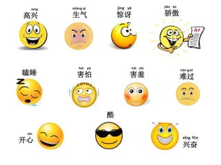 xìng
高兴
shēng qì
生气
jīng yà
惊讶
jiāo ào
骄傲
瞌睡
hài pà
害怕
hài xiū
害羞
nán guò
难过
xīn
开心
酷
xīng fèn
兴奋
 