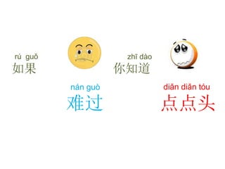 diǎn diǎn tóu
点点头
nán guò
难过
rú guǒ
如果
zhī dào
你知道
 