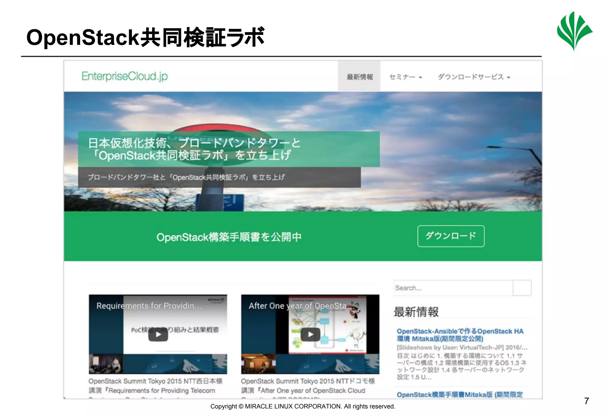 Copyright © MIRACLE LINUX CORPORATION. All rights reserved.
関係者外秘
7
OpenStack共同検証ラボ
 