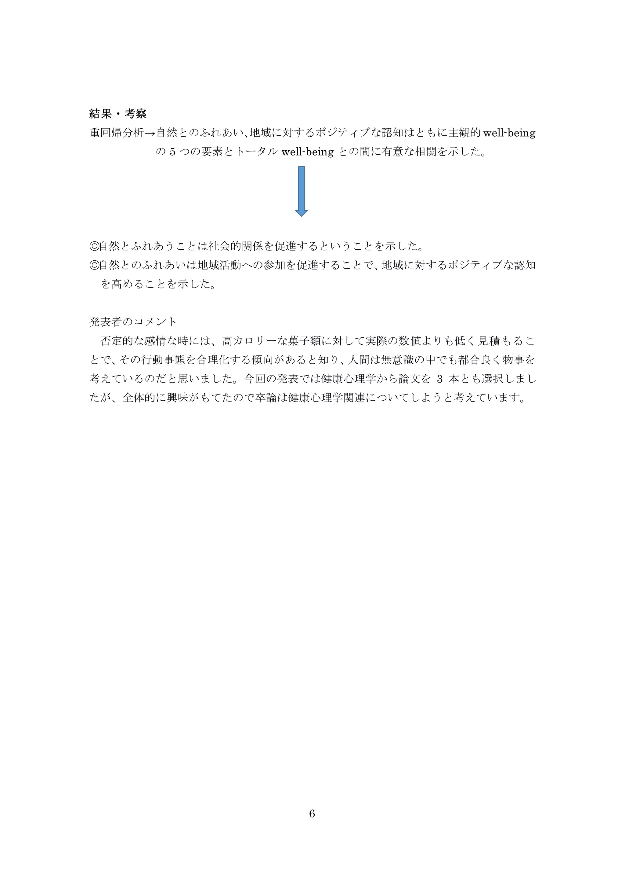 6
結果・考察
重回帰分析→自然とのふれあい、地域に対するポジティブな認知はともに主観的 well-being
の 5 つの要素とトータル well-being との間に有意な相関を示した。
◎自然とふれあうことは社会的関係を促進するということを示した。
◎自然とのふれあいは地域活動への参加を促進することで、地域に対するポジティブな認知
を高めることを示した。
発表者のコメント
否定的な感情な時には、高カロリーな菓子類に対して実際の数値よりも低く見積もるこ
とで、その行動事態を合理化する傾向があると知り、人間は無意識の中でも都合良く物事を
考えているのだと思いました。今回の発表では健康心理学から論文を 3 本とも選択しまし
たが、全体的に興味がもてたので卒論は健康心理学関連についてしようと考えています。
 