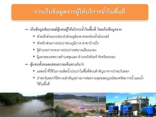 – เก็บข้อมูลสัมภาษณ์ผู้แทนผู้ให้บริการน้าในพื้นที่ โดยเก็บข้อมูลจาก
• หัวหน้าส่วนการประปาส่วนภูมิภาค สาขาปากน้าประแสร์
• หัวหน้าส่วนการประปาส่วนภูมิภาค สาขาบ้านบึง
• ผู้อานวยการกองการประปาเทศบาลเมืองแกลง
• ผู้แทนของเทศบาลตาบลชุมแสง อาเภอวังจันทร์ จังหวัดระยอง
– ผู้แทนทั้งหมดแสดงความเห็นตรงกันว่า
• แหล่งน้าที่ใช้ในการผลิตน้าประปาในพื้นที่ส่วนสาคัญมาจากป่าตะวันออก
• ป่าตะวันออกก็มีความสาคัญอย่างมากต่อความอุดมสมบูรณ์ของทรัพยากรน้าและน้า
ใช้ในพื้นที่
การเก็บข้อมูลจากผู้ให้บริการน้าในพื้นที่
 