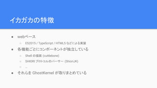イカガカの特徴
● webベース
○ ES2015 / TypeScript / HTML5 などによる実装
● 各機能ごとにコンポーネントが独立している
○ Shell の描画 (cuttlebone)
○ SHIORI プロトコルのパーサー (ShioriJK)
○ …
● それらを GhostKernel が取りまとめている
 