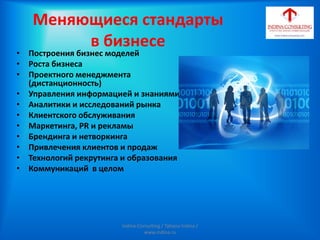 Меняющиеся стандарты
в бизнесе
• Построения бизнес моделей
• Роста бизнеса
• Проектного менеджмента
(дистанционность)
• Управления информацией и знаниями
• Аналитики и исследований рынка
• Клиентского обслуживания
• Маркетинга, PR и рекламы
• Брендинга и нетворкинга
• Привлечения клиентов и продаж
• Технологий рекрутинга и образования
• Коммуникаций в целом
Indina-Consulting / Tatiana Indina /
www.indina.ru
 