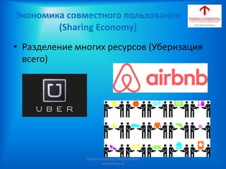 Экономика совместного пользования
(Sharing Economy)
• Разделение многих ресурсов (Уберизация
всего)
Indina-Consulting / Tatiana Indina/
www.indina.ru
 