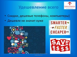 Удешевление всего
• Скидки, дешевые телефоны, компьютеры)
• Дешевле не значит хуже
Indina-Consulting / Tatiana Indina/
www.indina.ru
 