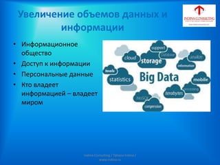 Увеличение объемов данных и
информации
• Информационное
общество
• Доступ к информации
• Персональные данные
• Кто владеет
информацией – владеет
миром
Indina-Consulting / Tatiana Indina /
www.indina.ru
 