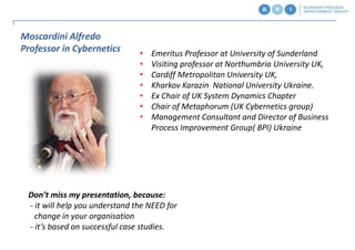 Moscardini Alfredo
Professor in Cybernetics • Emeritus Professor at University of Sunderland
• Visiting professor at Northumbria University UK,
• Cardiff Metropolitan University UK,
• Kharkov Karazin National University Ukraine.
• Ex Chair of UK System Dynamics Chapter
• Chair of Metaphorum (UK Cybernetics group)
• Management Consultant and Director of Business
Process Improvement Group( BPI) Ukraine
Don’t miss my presentation, because:
- it will help you understand the NEED for
change in your organisation
- it’s based on successful case studies.
 