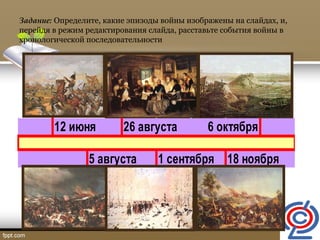 Задание: Определите, какие эпизоды войны изображены на слайдах, и,
перейдя в режим редактирования слайда, расставьте события войны в
хронологической последовательности
12 июня 26 августа 6 октября
5 августа 1 сентября 18 ноября
 