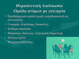 Θεραπευτική ΔιαδικασίαΘεραπευτική Διαδικασία
Ομάδα ατόμων με επιληψίαΟμάδα ατόμων με επιληψία
• Προϋπάρχουσα ομάδα (χωρίς ψυχοθεραπευτή ωςΠροϋπάρχουσα ομάδα (χωρίς ψυχοθεραπευτή ως
συντονιστή)συντονιστή)
• Γνωριμία, πλησίασμα, δυσκολίεςΓνωριμία, πλησίασμα, δυσκολίες
• Σταθερή παρουσίαΣταθερή παρουσία
• Μοίρασμα, διάλογος, ενεργητική συμμετοχήΜοίρασμα, διάλογος, ενεργητική συμμετοχή
• Ισότιμη σχέσηΙσότιμη σχέση
• Μείωση αντίστασηςΜείωση αντίστασης
 