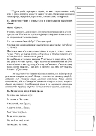 **Групи учнів отримують картки, на яких запропоновано набір
слів, з яких потрібно скласти задані терміни. Наприклад: живлення,
гетеротрофи, мутуалізм, паразитизм, коменсалізм, конкуренція.
ІІІ. Зіткнення учнів із проблемою й висловлення первинних
гіпотез
Метод «Дивуй».
Учитель наводить дивні факти або майже неправдоподібніісторії
про рослин. Учні мають протягом урокупідтвердити правильність
чи неправильність даних фактів.
Що є основною їжею бобра? (Осикова кора).
Яка тварина може найдовше знаходитися в сплячцi без їжi? (Їжак
- 236 дiб.)
Малi слоненята п’ють воду навколiшки, а дорослi слони - стоячи.
Чому? (Тому, що першi п‘ють воду ротом, а другі набирають її в
хобот (до 10 л) і виливають в рот.)
Це найбiльша сухопутна тварина. У неї всього лише шість зубів:
два рiзцi й чотири кутних. Через величезне навантаження на зуби
вони змiнюються на другому, п’ятому, дев’ятомута п’ятнадцятому
роках життя тварини, i ще двiчi в зрiлому вiцi. Про яку тварину
йдеться? (Про слона).
Як за допомогоюпавукiв можна визначити, вiд якої отруйної
речовини померла людина? (Павук, спожаваючи речовану (кофеїн,
стрихнiн iн.), утворює інший малюнок павутини. Якщо важко
встановити, від якої отруйної речовини померла людина, павукам
дають сироватку дослiджуваної крові й за малюнком павутини
вазначають природу отрути. Це важливо для судової медицини).
ІV. Визначення теми й мети уроку
Не злічу вже скільки штук
За життя я з’їв гадюк.
Я колючий , мов будяк ,
А зовуть мене …(Їжак).
Хоч у нього шуба є,
Та як холод настає,
Він не їсть тоді, не п’є
І не ходить, не гуляє,
Дата
_______________
_______________
_______________
_______________
_______________
_______________
_______________
_______________
_______________
_______________
_______________
_______________
_______________
_______________
_______________
_______________
_______________
_______________
_______________
_______________
_______________
_______________
_______________
_______________
_______________
_______________
_______________
_______________
_______________
_______________
_______________
_______________
_______________
_______________
_____________
 