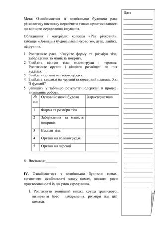 Мета: Ознайомитися із зовнішньою будовою рака
річкового;у висновку перелічити ознаки пристосованості
до водного середовища існування.
Обладнання і матеріали: колекція «Рак річковий»,
таблиця «Зовнішня будова рака річкового», лупа, лінійка,
підручник.
1. Розгляньте рака, з’ясуйте форму та розміри тіла,
забарвлення та міцність покриву.
2. Знайдіть відділи тіла: головогруди і черевце.
Розгляньте органи і кінцівки розміщені на цих
відділах.
3. Знайдіть органи на головогрудях.
4. Знайдіть кінцівки на черевці та хвостовий плавець. Які
її функції?
5. Запишіть у таблицю результати одержані в процесі
виконання роботи.
№
п/п
Основні ознаки будови Характеристика
1 Форма та розміри тіла
2 Забарвлення та міцність
покривів
3 Відділи тіла
4 Органи на головогрудях
5 Органи на черевці
6. Висновок:______________________________________
______________
ІV. Ознайомитися з зовнішньою будовою комах,
відзначити особливості класу комах, вказати риси
пристосованості їх до умов середовища.
1. Розглянути зовнішній вигляд хруща травневого,
визначити його забарвлення, розміри тіла цієї
комахи.
Дата
_______________
_______________
_______________
_______________
_______________
_______________
_______________
_______________
_______________
_______________
_______________
_______________
_______________
_______________
_______________
_______________
_______________
_______________
_______________
_______________
_______________
_______________
_______________
_______________
_______________
_______________
_______________
_______________
_______________
_______________
_______________
_______________
_______________
_______________
_____________
 