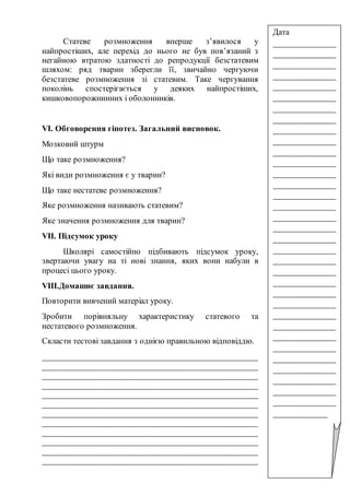 Статеве розмноження вперше з’явилося у
найпростіших, але перехід до нього не був пов’язаний з
негайною втратою здатності до репродукції безстатевим
шляхом: ряд тварин зберегли її, звичайно чергуючи
безстатеве розмноження зі статевим. Таке чергування
поколінь спостерігається у деяких найпростіших,
кишковопорожнинних і оболонників.
VI. Обговорення гіпотез. Загальний висновок.
Мозковий штурм
Що таке розмноження?
Які види розмноження є у тварин?
Що таке нестатеве розмноження?
Яке розмноження називають статевим?
Яке значення розмноження для тварин?
VІІ. Підсумок уроку
Школярі самостійно підбивають підсумок уроку,
звертаючи увагу на ті нові знання, яких вони набули в
процесі цього уроку.
VIIІ.Домашнє завдання.
Повторити вивчений матеріал уроку.
Зробити порівняльну характеристику статевого та
нестатевого розмноження.
Скласти тестові завдання з однією правильною відповіддю.
____________________________________________________
____________________________________________________
____________________________________________________
____________________________________________________
____________________________________________________
____________________________________________________
____________________________________________________
____________________________________________________
____________________________________________________
____________________________________________________
____________________________________________________
____________________________________________________
Дата
_______________
_______________
_______________
_______________
_______________
_______________
_______________
_______________
_______________
_______________
_______________
_______________
_______________
_______________
_______________
_______________
_______________
_______________
_______________
_______________
_______________
_______________
_______________
_______________
_______________
_______________
_______________
_______________
_______________
_______________
_______________
_______________
_______________
_______________
_____________
 