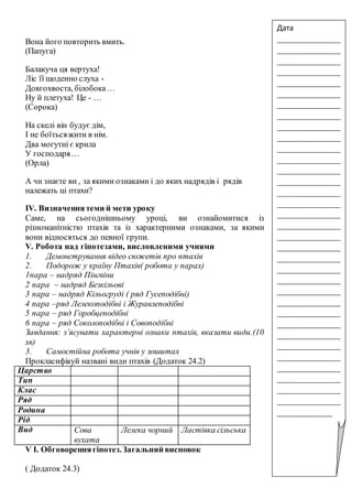 Вона його повторить вмить.
(Папуга)
Балакуча ця вертуха!
Ліс її щоденно слуха -
Довгохвоста, білобока…
Ну й плетуха! Це - …
(Сорока)
На скелі він будує дім,
І не боїтьсяжити в нім.
Два могутні є крила
У господаря…
(Орла)
А чи знаєте ви , за якими ознаками і до яких надрядів і рядів
належать ці птахи?
IV. Визначеннятеми й мети уроку
Саме, на сьогоднішньому уроці, ви ознайомитися із
різноманітністю птахів та із характерними ознаками, за якими
вони відносяться до певної групи.
V. Робота над гіпотезами, висловленими учнями
1. Демонстрування відео сюжетів про птахів
2. Подорож у країну Птахів( робота у парах)
1пара – надряд Пінгвіни
2 пара – надряд Безкільові
3 пара – надряд Кільогруді ( ряд Гусеподібні)
4 пара –ряд Лелекоподібні і Журавлеподібні
5 пара – ряд Горобцеподібні
6 пара – ряд Соколоподібні і Совоподібні
Завдання: з’ясувати характерні ознаки птахів, вказати види.(10
хв)
3. Самостійна робота учнів у зошитах
Прокласифікуй названі види птахів (Додаток 24.2)
Царство
Тип
Клас
Ряд
Родина
Рід
Вид Сова
вухата
Лелека чорний Ластівка сільська
V І. Обговореннягіпотез.Загальний висновок
( Додаток 24.3)
Дата
_______________
_______________
_______________
_______________
_______________
_______________
_______________
_______________
_______________
_______________
_______________
_______________
_______________
_______________
_______________
_______________
_______________
_______________
_______________
_______________
_______________
_______________
_______________
_______________
_______________
_______________
_______________
_______________
_______________
_______________
_______________
_______________
_______________
_______________
_____________
 