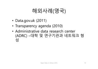 해외사례(영국)
• Data.gov.uk (2011)
• Transparency agenda (2010)
• Administrative data research center
(ADRC) –대학 및 연구기관과 네트워크 형
성
Open Data in Action 2016 10
 