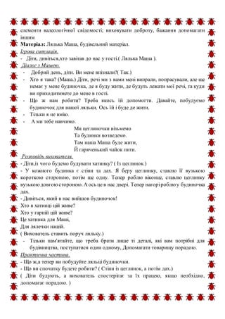 елементи валеологічної свідомості; виховувати доброту, бажання допомагати
іншим
Матеріал: Лялька Маша, будівельний матеріал.
Ігрова ситуація.
- Діти, дивіться,хто завітав до нас у гості.( Лялька Маша ).
Діалог з Машею.
- Добрий день, діти. Ви мене впізнали?( Так.)
- Хто я така? (Маша.) Діти, речі ми з вами мені випрали, попрасували, але ще
немає у мене будиночка, де я буду жити, де будуть лежати мої речі, та куди
ви приходитимете до мене в гості.
- Що ж нам робити? Треба якось їй допомогти. Давайте, побудуємо
будиночок для нашої ляльки. Ось їй і буде де жити.
- Тільки я не вмію.
- А ми тебе навчимо.
Ми цеглиночки візьмемо
Та будинки возведемо.
Там наша Маша буде жити,
Й гаряченький чайок пити.
Розповідь вихователя.
- Діти,із чого будемо будувати хатинку? ( Із цеглинок.)
- У кожного будинка є стіни та дах. Я беру цеглинку, ставлю її вузькою
короткою стороною, потім ще одну. Тепер роблю віконце, ставлю цеглинку
вузькоюдовгою стороною. А ось це в нас двері. Тепер нагоріроблю у будиночка
дах.
- Дивіться, який в нас вийшов будиночок!
Хто в хатинці цій живе?
Хто у гарній цій живе?
Це хатинка для Маші,
Для лялечки нашій.
( Вихователь ставить поруч ляльку.)
- Тільки пам'ятайте, що треба брати лише ті деталі, які вам потрібні для
будівництва, поступатися один одному, Допомагати товарищу порадою.
Практична частина.
- Що ж,а тепер ви побудуйте ляльці будиночки.
- Що ви спочатку будете робити? ( Стіни із цеглинок, а потім дах.)
( Діти будують, а вихователь спостерігає за їх працею, якщо необхідно,
допомагає порадою. )
 