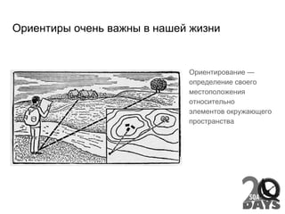 Ориентиры очень важны в нашей жизни
Ориентирование —
определение своего
местоположения
относительно
элементов окружающего
пространства
 