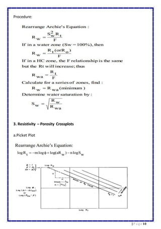 10| P a g e
Procedure:
3. Resistivity – Porosity Crossplots
a.Picket Plot
 