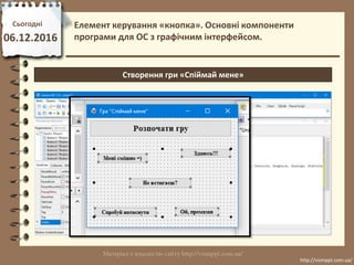 Сьогодні
06.12.2016
http://vsimppt.com.ua/
http://vsimppt.com.ua/
Елемент керування «кнопка». Основні компоненти
програми для ОС з графічним інтерфейсом.
Створення гри «Спіймай мене»
 