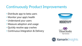 Continuously Product Improvements
• Distribute app to beta users
• Monitor your app’s health
• Understand your users
• Measure adoption and usage
• Quickly resolve app crashes
• Continuous Integration & Delivery
 