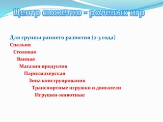 Для группы раннего развития (2-3 года)
Спальня
Столовая
Ванная
Магазин продуктов
Парикмахерская
Зона конструирования
Транспортные игрушки и двигатели
Игрушки-животные
 