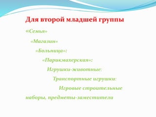 Для второй младшей группы
«Семья»
«Магазин»
«Больница»:
«Парикмахерская»:
Игрушки-животные:
Транспортные игрушки:
Игровые строительные
наборы, предметы-заместители
 