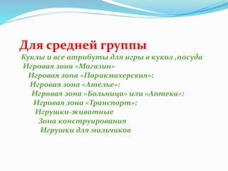 Для средней группы
Куклы и все атрибуты для игры в кукол ,посуда
Игровая зона «Магазин»
Игровая зона «Парикмахерская»:
Игровая зона «Ателье»:
Игровая зона «Больница» или «Аптека»:
Игровая зона «Транспорт»:
Игрушки-животные
Зона конструирования
Игрушки для мальчиков
 