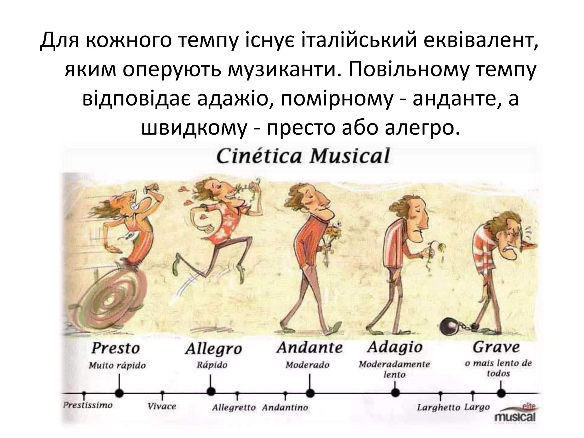 Для кожного темпу існує італійський еквівалент,
яким оперують музиканти. Повільному темпу
відповідає адажіо, помірному - анданте, а
швидкому - престо або алегро.
 