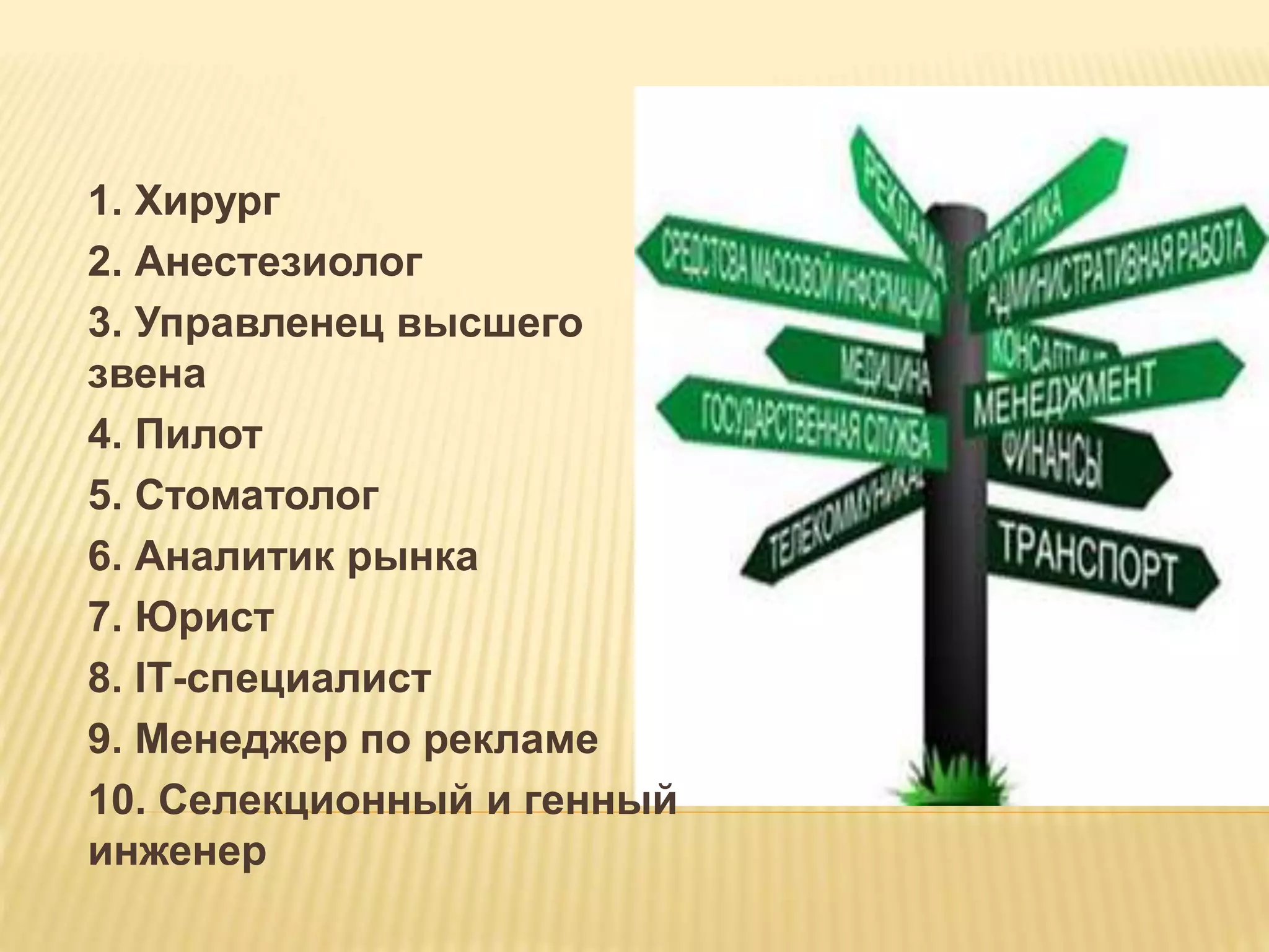 1. Хирург
2. Анестезиолог
3. Управленец высшего
звена
4. Пилот
5. Стоматолог
6. Аналитик рынка
7. Юрист
8. IТ-специалист
9. Менеджер по рекламе
10. Селекционный и генный
инженер
 