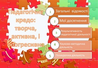 Загальні відомості
Мої досягнення
Результативність
педагогічної діяльності
Науково-методична
діяльність
Позаурочна діяльність
1
2
3
4
5
 