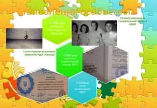 У 1996 році
закінчила
Костопільську
ЗОШ №3
10 років відвідувала
танцювальний гурток у
БШЮУ 1996 році
закінчила
Костопільську
ЗОШ №3
У 2000 році
закінчила
Сарненнський
коледж РДГУ
Стала першою учасницею
циркової студії «Каскад»
У 2003році
стала
випускницею
РДГУ
 