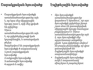 Շարակցական հյուսվածք
• Շարակցական հյուսվածքի
առանձնահատկությունը այն
է, որ նրա մեջ միջբջջային
նյութը շատ է, որի մեջ ցրված
են բջիջնեը:
Մյուս
առանձնահատկությունն այն
է, որ բջիջներից բացի կան
կոլագենային, և առաձգական
թելեր:
Տարբերվում են շարակցական
հյուսվածքի 4 տարատեսակ`
1.բուն շարակցական
հյուսվածք
2.ոսկրային հյուսվածք
3.աճառային հյուսվածք
4.արյուն և ավիշ
Էպիթելային հյուսվածք
• Այս հյուսվածքի
առանձնահակությունը
կայանում է նրանում , որ այս
հյուսվածքի բջիջները իրար
շատ մոտ են դասավորված,
միջբջջային նյութը համարյա
բացակայում է: Մյուս
առանձնահատկությունը այն
է, այս հյուսվածքի մեջ
արյունատար անոթներ
չկան: Նրա բջիջները սնվում
են բազալ թաղանթից, որ վրա
դասավորված են:
Էպիթելային հյուսվածքի
տարատեսակները:
• Էպիթելային հյուսվածքը
ունի 2 տարատեսակ`
միաշերտ և բազմաշերտ:
 