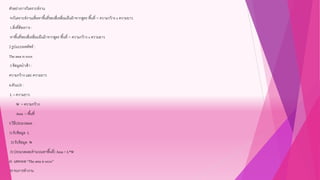 ตัวอย่างการวิเคราะห์งาน
จงวิเคราะห์งานเพื่อหาพื้นที่ของสี่เหลี่ยมผืนผ้าจากสูตร พื้นที่ = ความกว้าง x ความยาว
1.สิ่งที่ต้องการ :
หาพื้นที่ของสี่เหลี่ยมผืนผ้าจากสูตร พื้นที่ = ความกว้าง x ความยาว
2.รูปแบบผลลัพธ์ :
The area is xxxx
3.ข้อมูลนาเข้า :
ความกว้าง และ ความยาว
4.ตัวแปร :
L = ความยาว
W = ความกว้าง
Area = พื้นที่
5.วิธีประมวลผล :
1) รับข้อมูล L
2) รับข้อมูล W
3) ประมวลผล(คานวณหาพื้นที่) Area = L*W
4) แสดงผล “The area is xxxx”
5) จบการทางาน
 