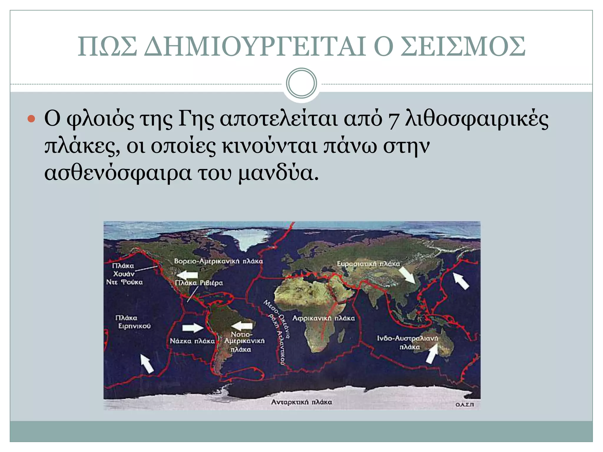 ΠΩΣ ΔΗΜΙΟΥΡΓΕΙΤΑΙ Ο ΣΕΙΣΜΟΣ
 Ο φλοιός της Γης αποτελείται από 7 λιθοσφαιρικές
πλάκες, οι οποίες κινούνται πάνω στην
ασθενόσφαιρα του μανδύα.
 